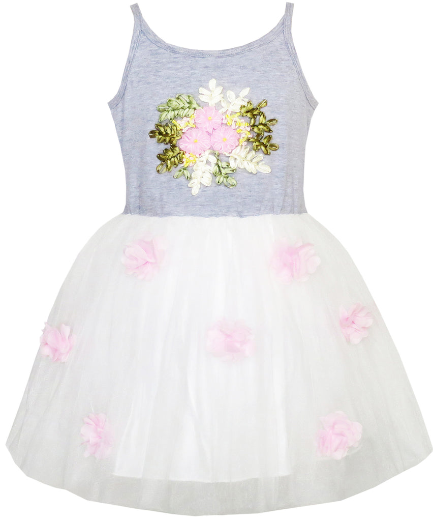 Girls Dress Knitted Cotton Stretch Tulle Overlay Flower Size 4-10 Years