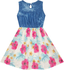 Girls Dress Skirt Blue Denim Floral Dress Bow Tie Casual Beach $
