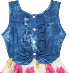 Girls Dress Skirt Blue Denim Floral Dress Bow Tie Casual Beach $