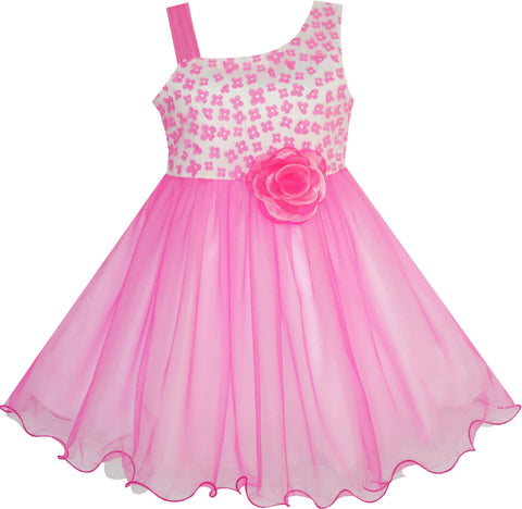 Girls Dress One-shoulder Flower Dress Pink Pageant Wedding Size 4-10 Years
