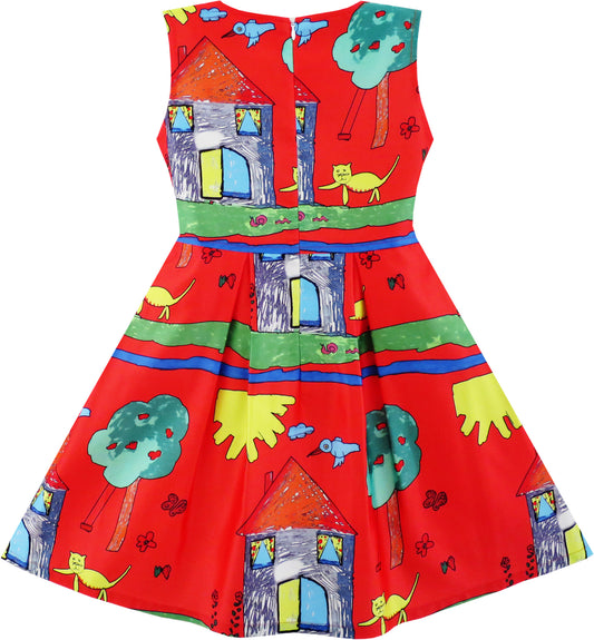 Girls Dress House Tree Cat Bird Print Party Size 4-10 Years
