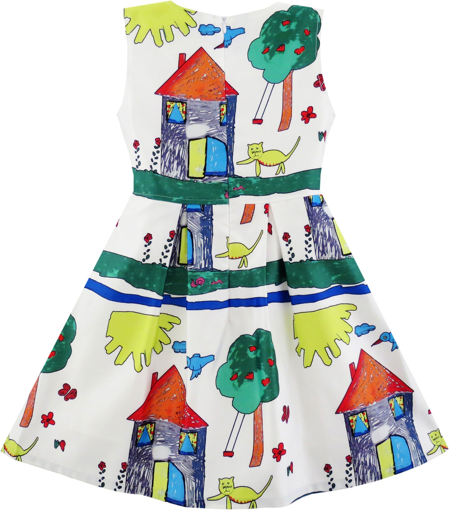 Girls Dress House Tree Cat Bird Print Party Size 4-10 Years