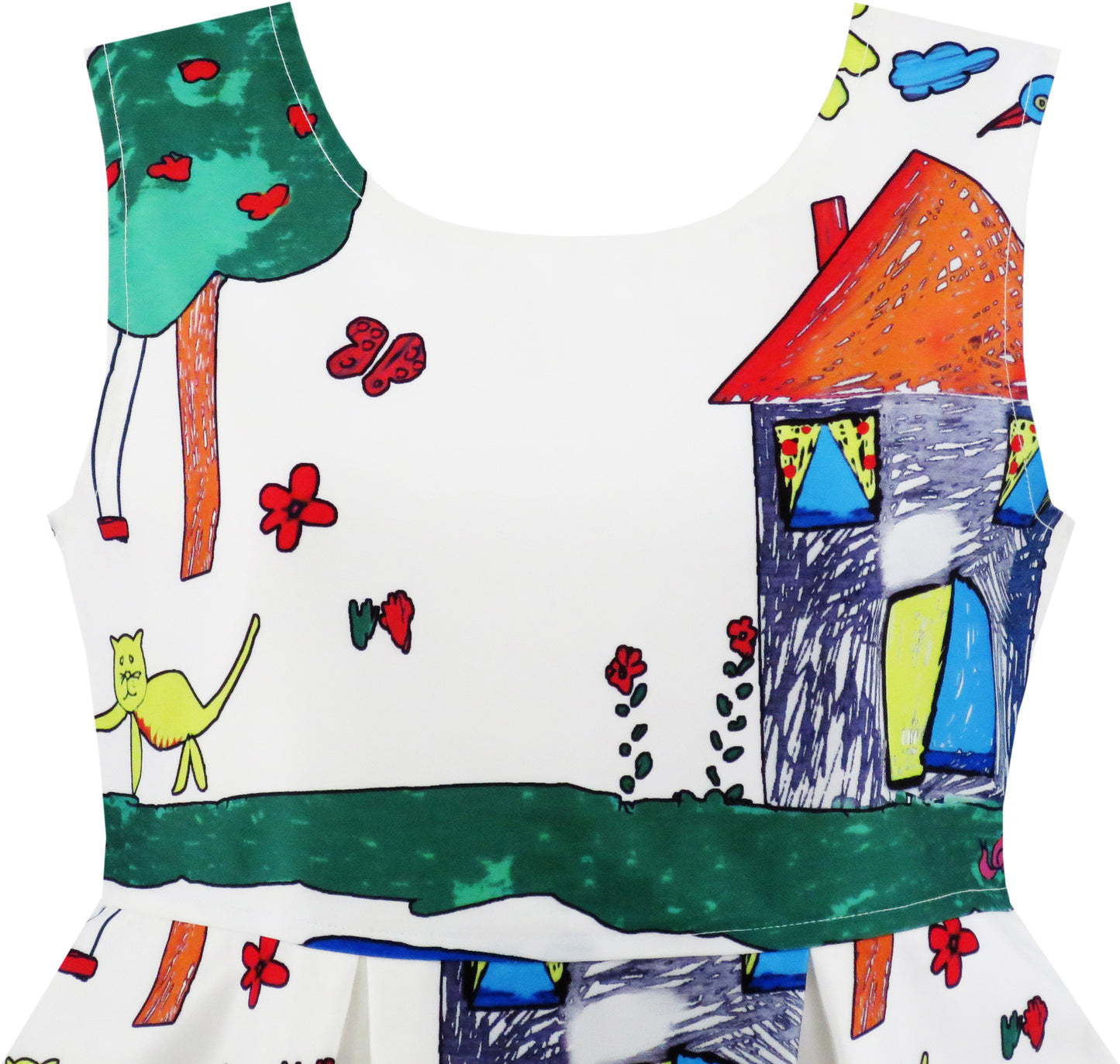 Girls Dress House Tree Cat Bird Print Party Size 4-10 Years