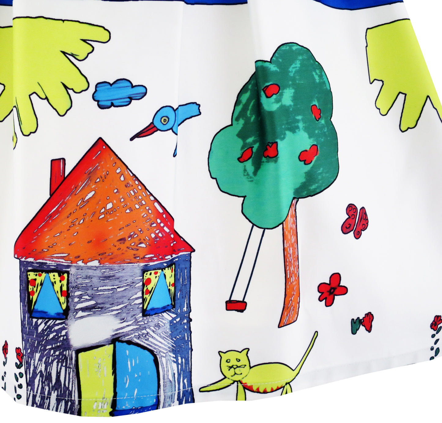 Girls Dress House Tree Cat Bird Print Party Size 4-10 Years
