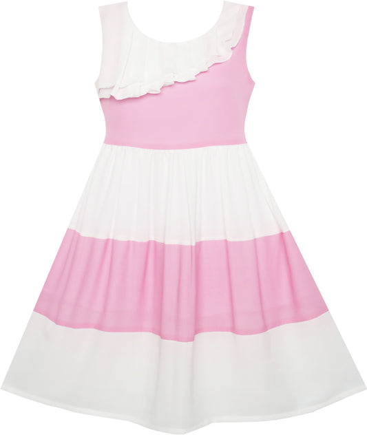 Girls Dress Pleated Collar Color Block Chiffon Size 7-16 Years