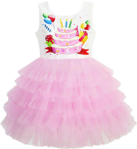 Girls Dress Birthday Princess Ruffle Dress Cake Balloon Print Size 3-10 Years