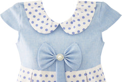 Girls Dress Polka Dot School Bow Tie Pearl Cap Sleeve Size 4-14 Years