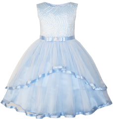Flower Girls Dress Blue Belted Wedding Party Bridesmaid Size 4-12 Years