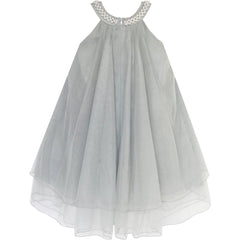 Flower Girls Dress Halter Dress Pearl Party Wedding Birthday Size 4-14 Years