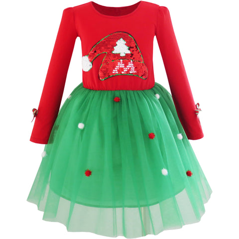 Girls Dress Christmas Santa Hat Long Sleeve Party Dress Size 3-12 Years