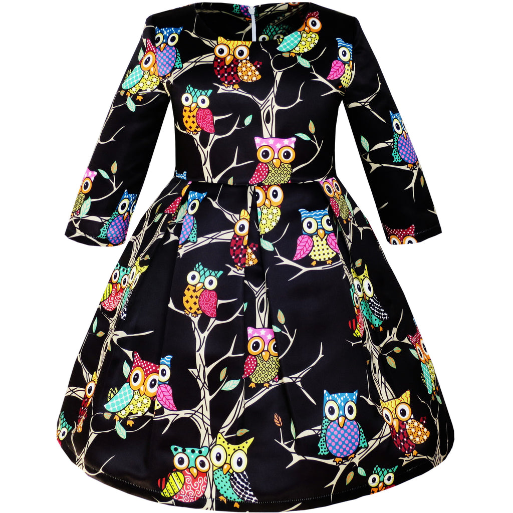 Girls Dress Fit-and-flare Owl Print Party Long Sleeve Cute Size 4-14 Years