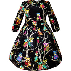 Girls Dress Fit-and-flare Owl Print Party Long Sleeve Cute Size 4-14 Years