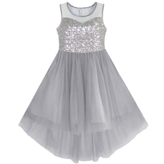 Girls Dress Gray Sequined Tulle Hi-lo Wedding Party Dress Size 7-14 Years