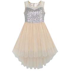 Girls Dress Beige Sequined Tulle Hi-lo Wedding Party Dress Size 7-14 Years