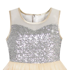 Girls Dress Beige Sequined Tulle Hi-lo Wedding Party Dress Size 7-14 Years