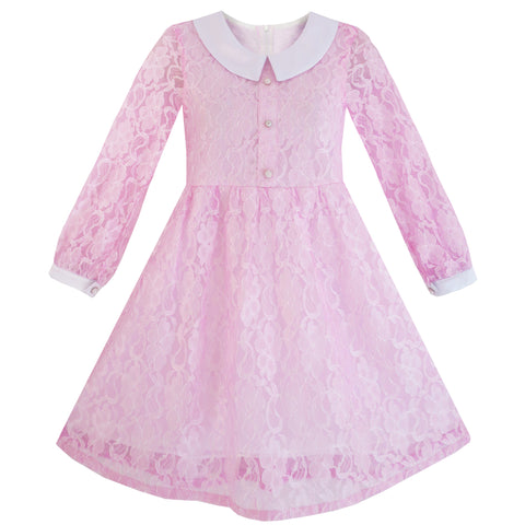 Girls Dress Flower Lace White Collar Skirt Dress Size 4-12 Years