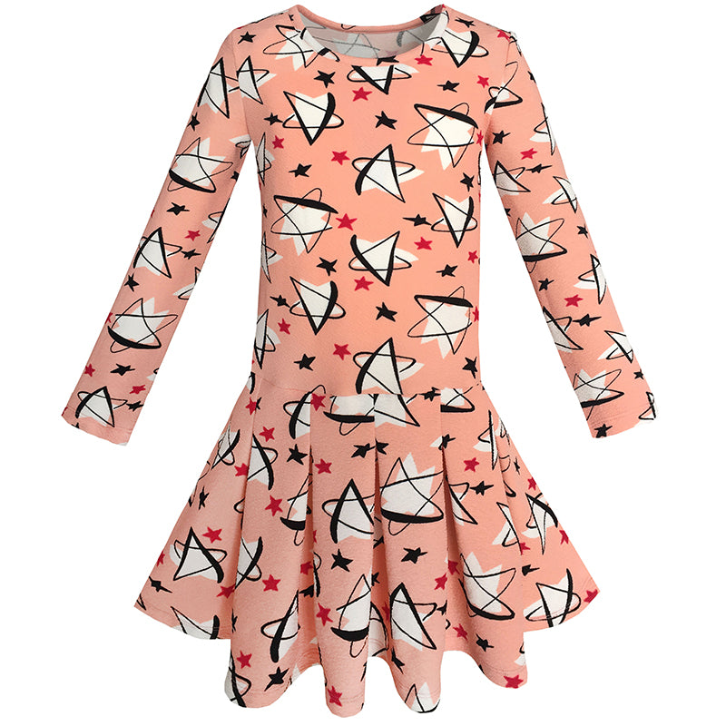 Girls Dress Star Print Coral Everyday School Spring Dress Size 4-10 Years