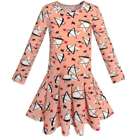Girls Dress Star Print Coral Everyday School Spring Dress Size 4-10 Years