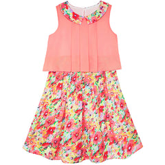 Girls Dress 2-in-1 Collar Flower Party Birthday Sundress Size 7-14 Years