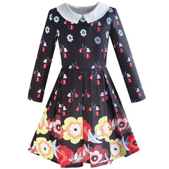 Girls Dress Fit-and-flare Flower Print Party Long Sleeve Cute Size 6-14 Years