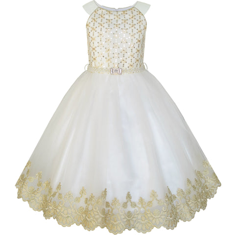 Flower Girls Dress Champagne Sequin Pearl Wedding Pageant Size 6-12 Years
