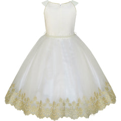 Flower Girls Dress Champagne Sequin Pearl Wedding Pageant Size 6-12 Years