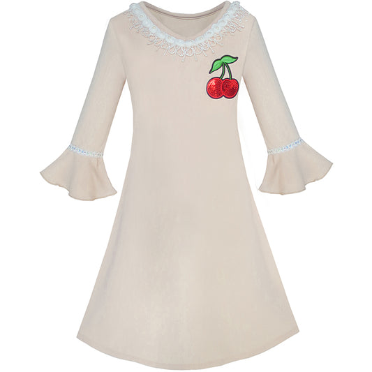 Girls Dress Lotus Leaf Sleeve Cherry Embroidery Everyday Size 3-12 Years