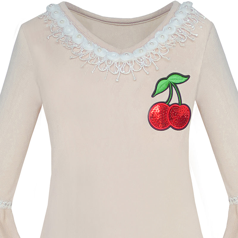 Girls Dress Lotus Leaf Sleeve Cherry Embroidery Everyday Size 3-12 Years