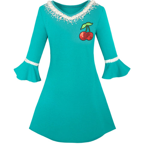 Girls Dress Lotus Leaf Sleeve Cherry Embroidery Everyday Size 3-10 Years