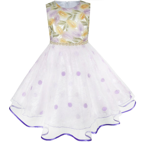 Flower Girls Dress Champagne Leaf Purple Dot Wedding Pageant Size 2-10 Years
