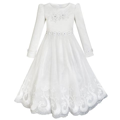 Flower Girls Dress Lace Hem Long Sleeve Wedding First Communion Size 5-12 Years