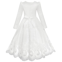 Flower Girls Dress Lace Hem Long Sleeve Wedding First Communion Size 5-12 Years