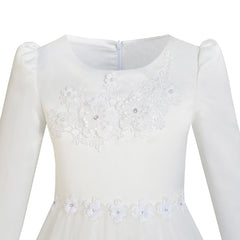 Flower Girls Dress Lace Hem Long Sleeve Wedding First Communion Size 5-12 Years