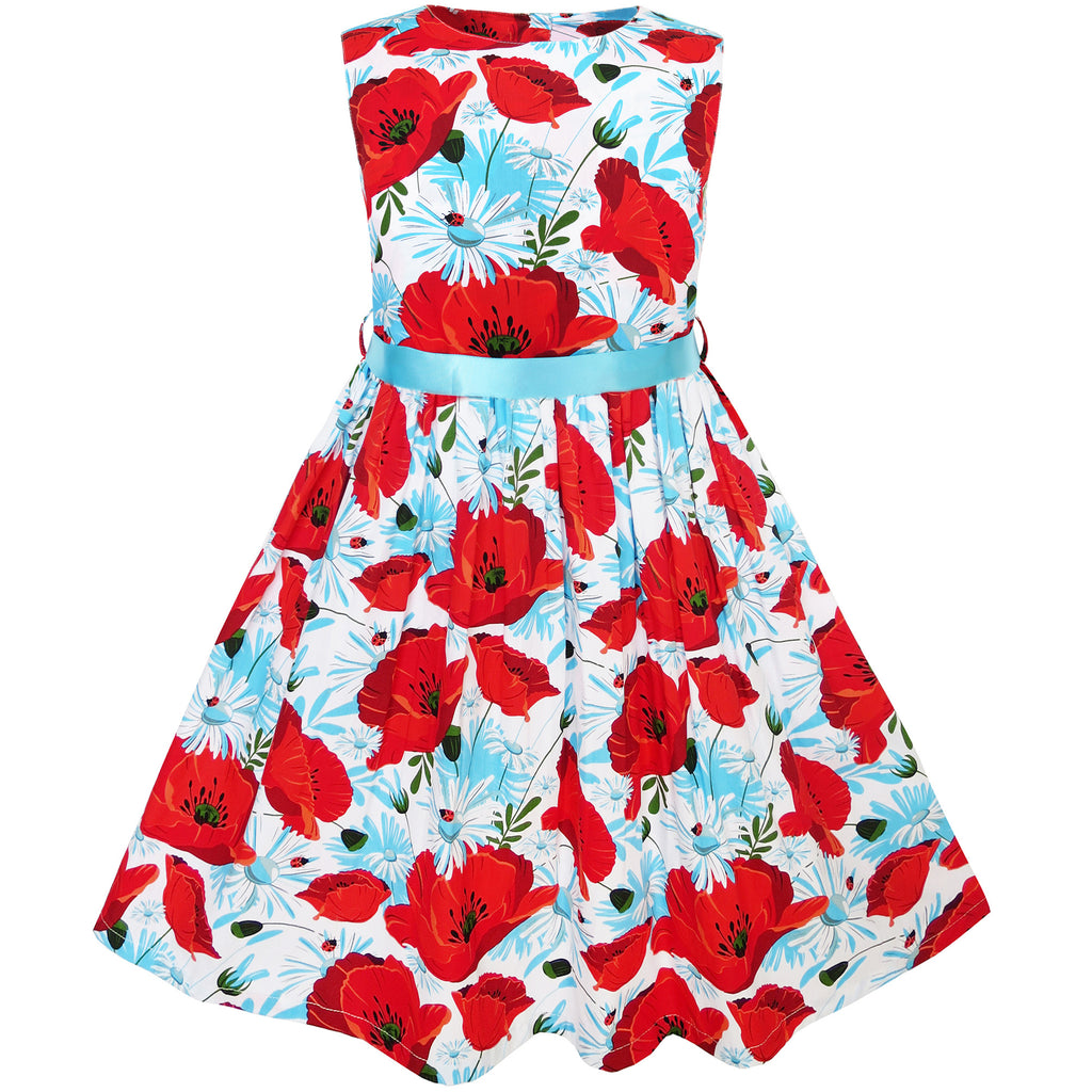 Girls Dress Red Flower Belt Summer Beach Dress Size 2-10 Years
