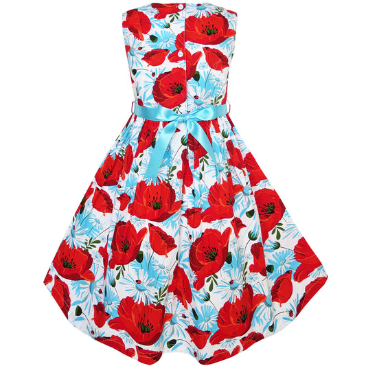 Girls Dress Red Flower Belt Summer Beach Dress Size 2-10 Years