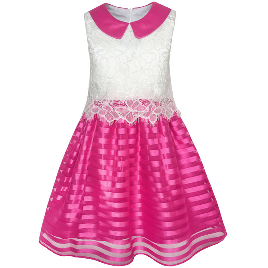 Girls Dress Lace Stripe Collar Party Size 4-14 Years