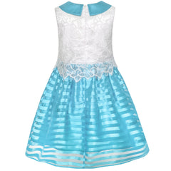 Girls Dress Red Blue Lace Stripe Collar Party Size 4-10 Years