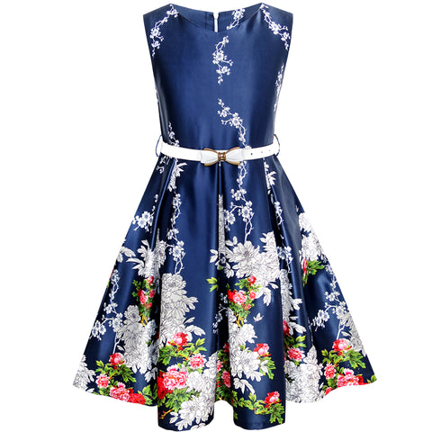 Girls Dress Navy Blue Flower Belt Vintage Party Size 6-14 Years