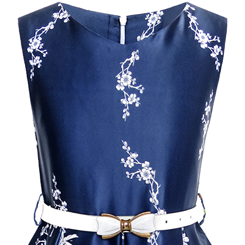 Girls Dress Navy Flower Belt Vintage Party Size 4-14 Years