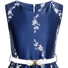 Girls Dress Navy Blue Flower Belt Vintage Party Size 6-14 Years