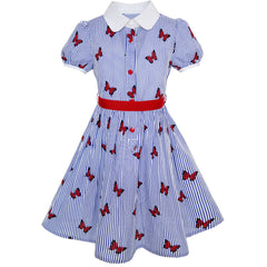 Girls Dress School Blue Strip Butterfly Print Gingham Size 4-10 Years