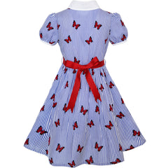 Girls Dress School Blue Strip Butterfly Print Gingham Size 4-10 Years