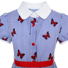 Girls Dress School Blue Strip Butterfly Print Gingham Size 4-10 Years