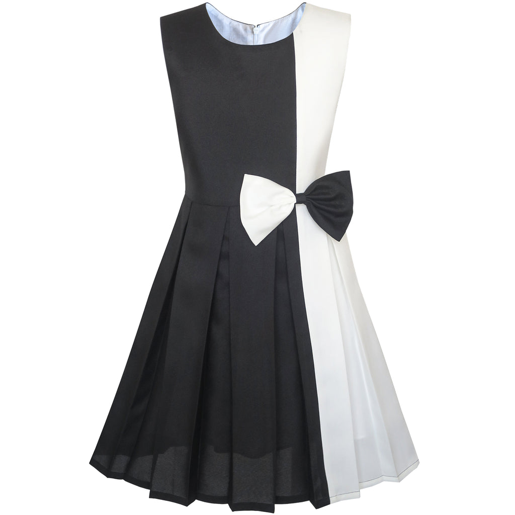 Girls Dress Color Block Contrast White Black Bow Tie Size 4-14 Years