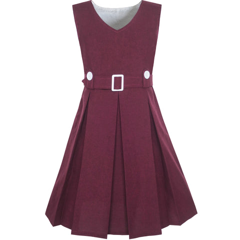 Girls Dress Maroon Button Back School Pleated Hem Size 6-14 Years