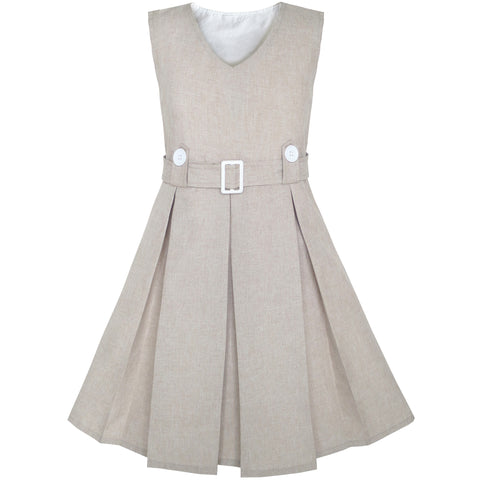 Girls Dress Beige Button Back School Pleated Hem Size 6-14 Years