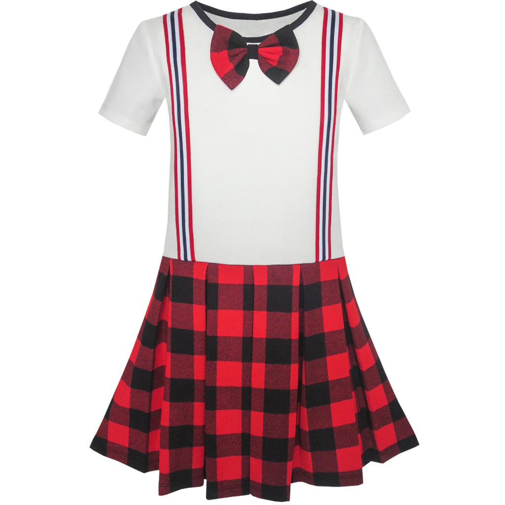 Girls Dress School Red White Check Suspender Skirt Size 4-10 Years