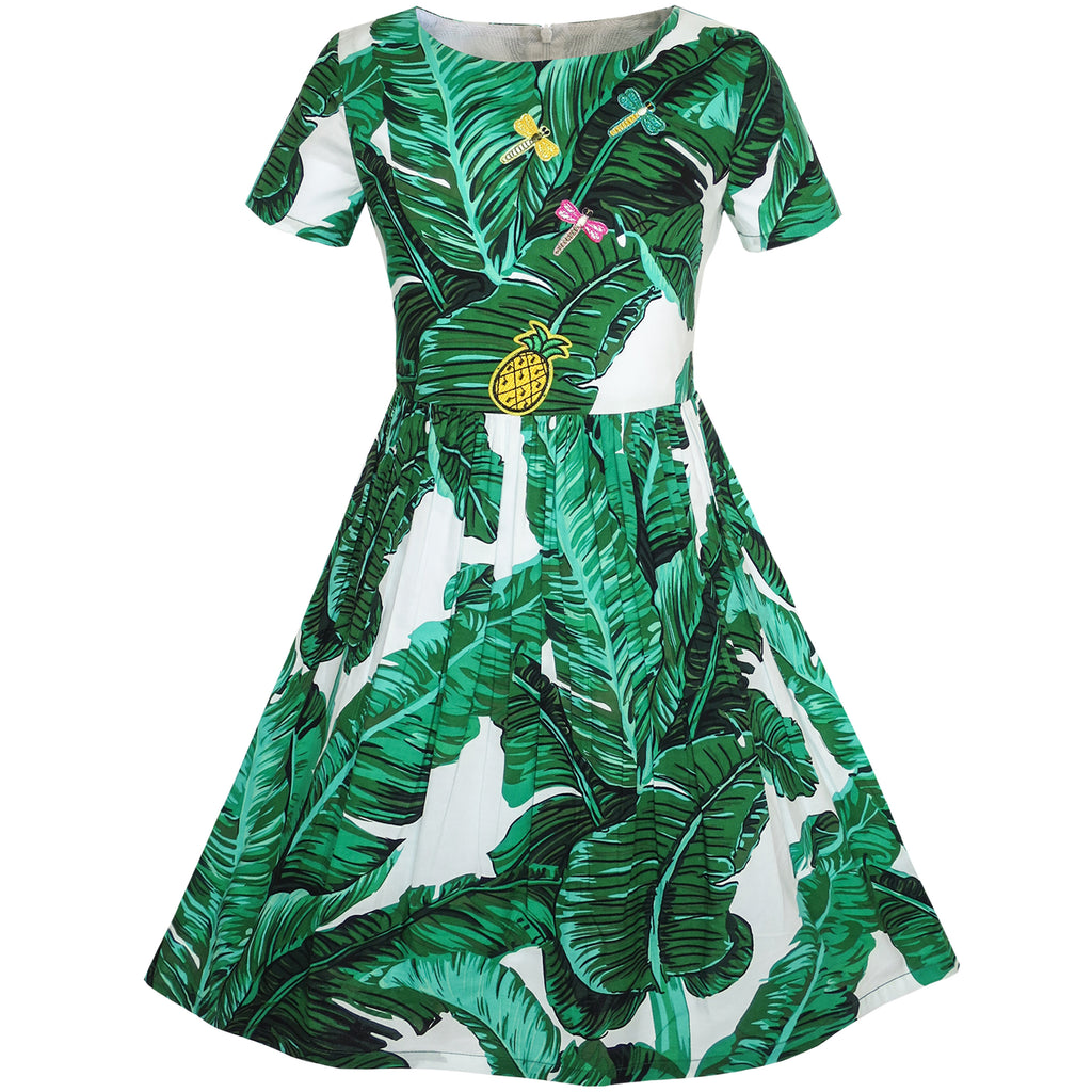 Girls Dress Green Leaf Print Pineapple Dragonfly Size 5-10 Years