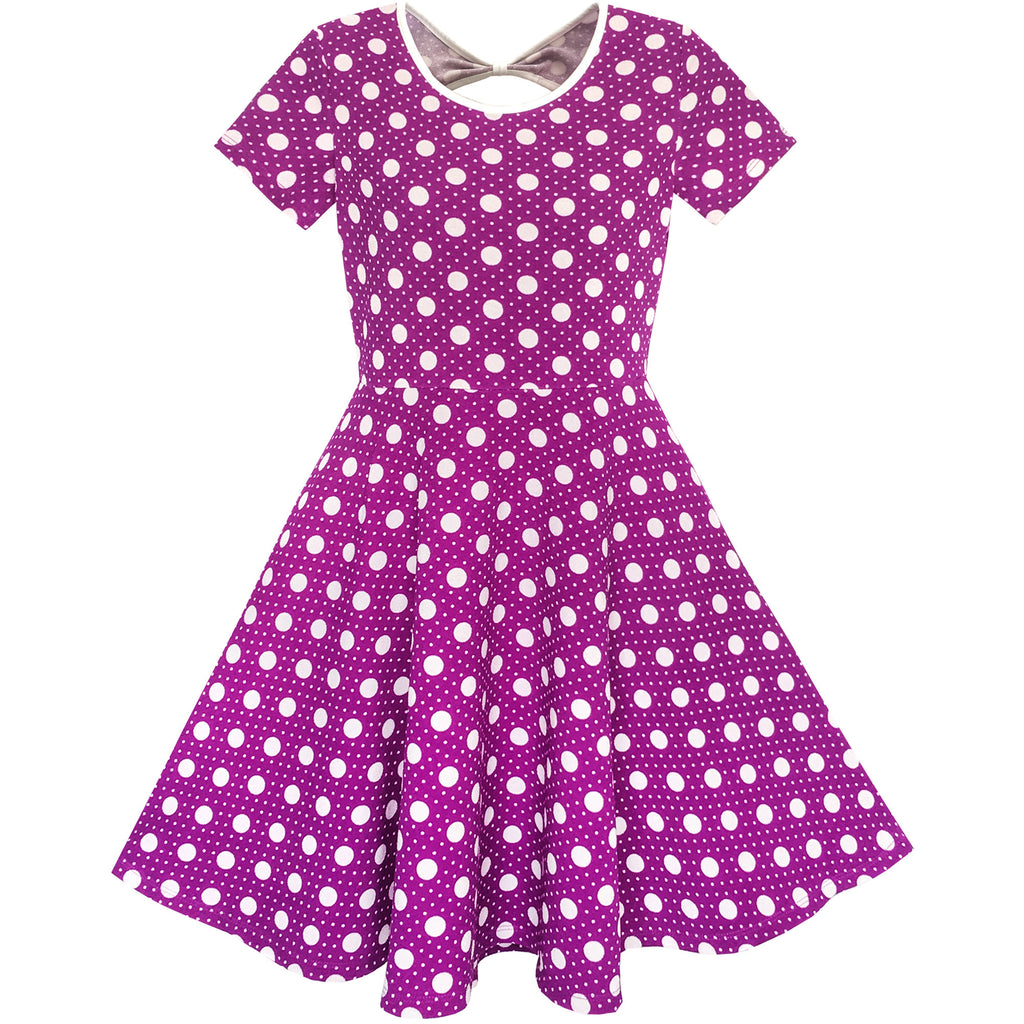 Girls Dress Purple White Dot Back Cutout Back School Dress Size 4-12 Years