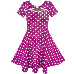 Girls Dress Purple White Dot Back Cutout Back School Dress Size 4-12 Years